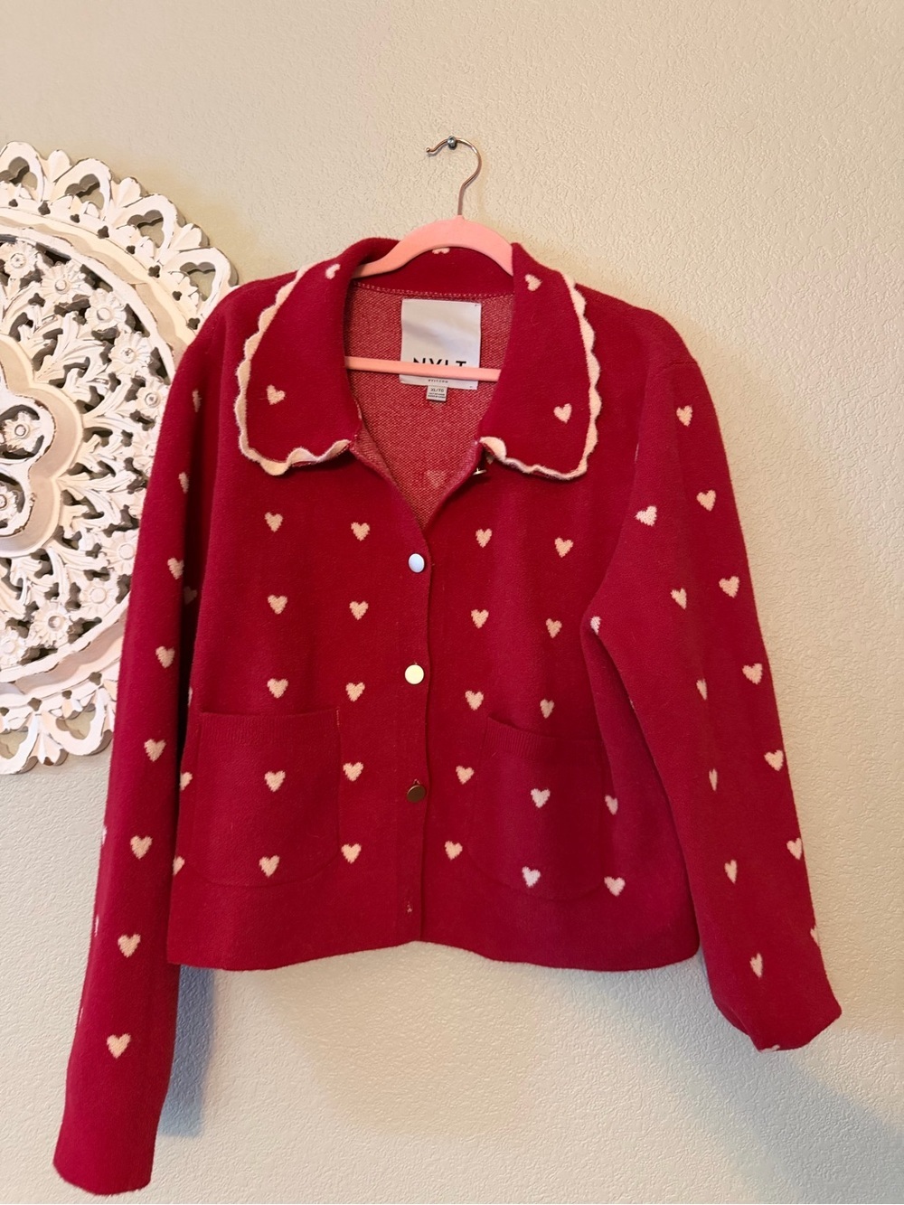 NVLT Red Knit Sweater Heart Print Scalloped collar